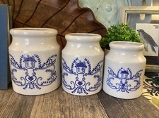 Vintage Pennsylvania Dutch Hand Painted Blue Heart Birds Leaves Folk Art Crocks picture