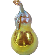 Lundberg Studios ornament metallic iridescent blown art glass pear gold signed picture