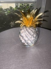 vintage Swarovski Crystal Pineapple Figurine Gold Tone Metal Leaves  picture