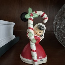 Vintage Napco Ceramic Christmas Candy Cane Girl Kid Figurine/Ornament picture
