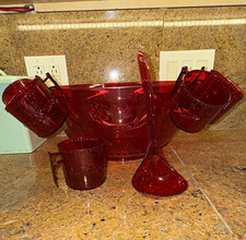 Vintage 70’s Plastic Punch Bowl w/ Ladle, Glossy Finish, Round 13in x 7in picture