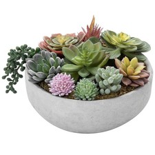 MyGift 8in Round Artificial Succulent Plants Gray Concrete Bowl DECO1202GRY picture
