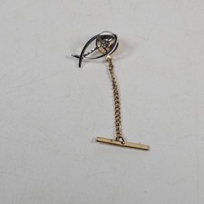 Vintage Anson Sterling Ichthus Christian Fish Cross Tie Tac Pin with Chain Box picture