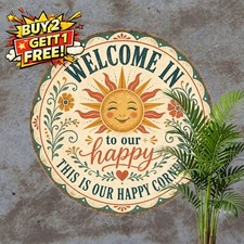 Happy Place Welcome Round Sign Vintage Cottage Home Living Room Metal Plaque picture