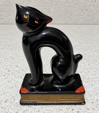 Vintage Occupied Japan Black Cat Figurine On Book, 3” TA Stamp picture