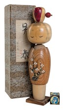 Vintage Creative Kokeshi Doll w/ Plum Blossom Motif by Seigetsu from Japan, 25cm picture