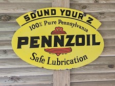  GIANT VINTAGE 1950'S PENNZOIL PORCELAIN DOUBLE-SIDED SIGN 30 X 20  picture