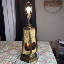 Vintage MCM Mid Century Table Lamp Brass Cork Hexagon Nightlight Base 3 Way Ligh picture