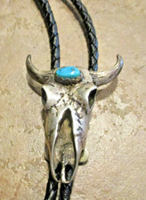 BOLD  Vintage Navajo Sterling Silver Turquoise BULL / STEER/ LONGHORN Bolo Tie picture
