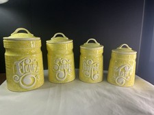 1970s Treasure Craft Yellow Speckled 4-Piece Canister Set Excellent Condition picture