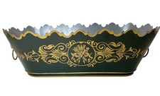 French Tole Cachepot Planter Empire Green Gold Scalloped Lion Heads 17½” Vintage picture