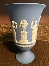 Vintage Wedgwood Jasperware Goddess and cupid Urn Vase 7.25” lt Blue picture