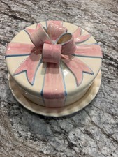 Rare Vintage Ceramic Gift Box Cake Dome & Plate Set • Pink Bow • Portugal picture