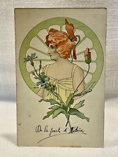 Art Nouveau Postcard | Beautiful Woman | Poppy Flower Hat | Litho | 1900 picture