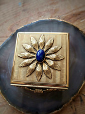 Vintage 1950s S.F. Co. Fifth Avenue Brass Powder Compact Blue Cabochon Flower picture