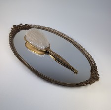 VTG 1950s Hair Brush & Oval Vanity Mirror Rose Gold Brass Ornate Floral Regency picture