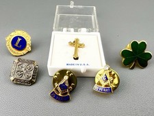 Vintage Fraternal Pin Lot 6 Masonic 35 50 Year Lions Club 4-H Cross Shamrock picture