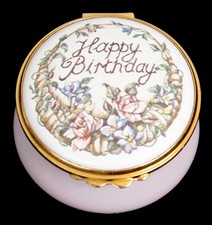Vintage English Kingsley Enamel Trinket Pill Box Lavender Happy Birthday England picture