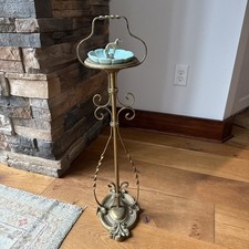 Antique Wrought Iron Bronze Finish Chair-side Ashtray Stand w/Brass Dog Pottery picture