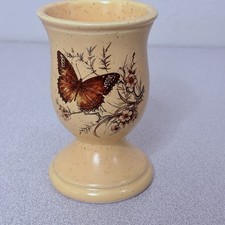 VTG 1970s Treasure Craft Yellow Speckled Butterfly Pottery Vase 5” Boho picture