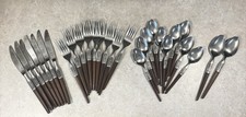 Vintage Ekco Eterna La Joya Flatware Silverware Faux Wood Stainless Set 28 MCM picture