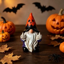 Halloween Middle Finger Gnome Statue with Skeleton Hands - Spooky Ghost Face Hat picture