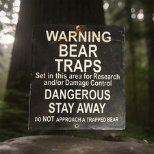 Vintage Porcelain Bear Trap Sign US Forestry Service Wildlife Refuge USA Gas Oil picture