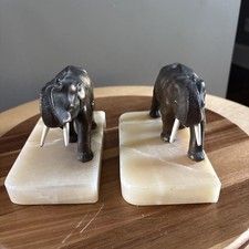 (2) vintage bronze painted metal Elephant bookends on marble bases. picture