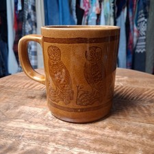Vintage 70s Brown Stoneware Mug Japan 5 Owls Woodland Coffee Cup Cottagecore  picture