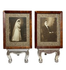 Set/2 Antique Bride & Groom Portrait Photograph Tiger Oak Frames Grand Rapids MI picture