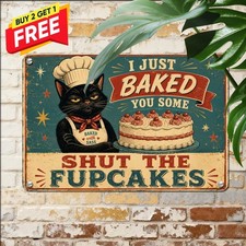 Cute Bakery Kitten Tin Sign Whimsical Sweet Cake Metal Wall Art Plaque picture