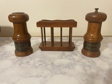 Vintage 1970’s Wooden Salt Shaker Pepper Mill & Napkin Holder Set, 3 Piece, MCM picture