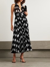 $4.5K DOLCE & GABBANA Halterneck Polka-Dot Silk Plissé-Chiffon Midi Dress, US 8 picture