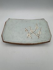 Vtg Japanese Stoneware Platter Celadon Blue Plum Blossom Art Pottery 9” picture