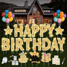 18 Pcs Happy Birthday Yard Sign with Stakes, Gold Happy Birthday Yard Sign wi... picture