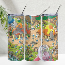 Smurfs Village Tumbler 20 oz Stainless Steel Metal Straw Forest Cartoon Travel picture