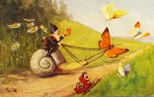 SUPERB FANTASY 1908 Raphael Tuck Signed C Gobl Gnome riding snail butterfly picture
