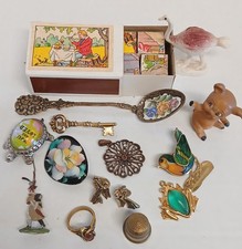 Vtg Estate Junk Jewelry Lot Collectibles German Wood Block Puzzle Bird Enamel Sp picture