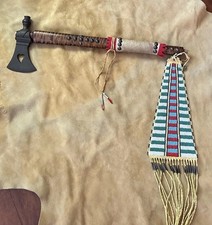 Vintage Pipe Tomahawk With Beaded Drop Curly Maple Shaft Brass Tacks Raw Hide picture