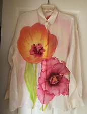 ESCADA SILK LONG BLOUSE IN IVORY LARGE FLOWER PRINT 40 12 DAMAGED picture
