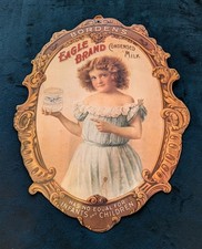 Antique 1900 Borden's Eagle Brand Condensed Milk Die Cut Cardboard Sign Girl Ad picture