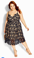 City Chic Black Floral Lace Fit & Flare V-Neck Dress Plus Size 22 Zip picture