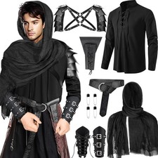7 Pcs Men's Renaissance Costume Set Medieval Pirate Shirt Viking Shawl Belt S... picture