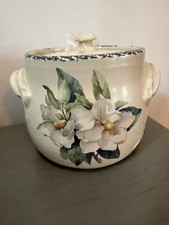Vintage Home & Garden Party White Magnolia Cookie Jar Canister Bean Pot Crock Lg picture