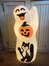 Blow Mold Halloween Ghost With  Black Cat And Pumpkin Light Up USA Made 34” picture