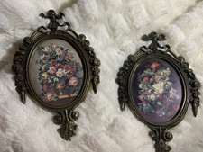 Set/ 2 Vintage Made in Italy Oval Brass Ornate Frames Floral Print Convex Glass picture