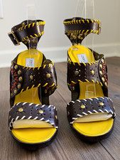 Jimmy Choo 'Claudia' Studded Mirror Leather Whipstitch Sandal Heels 39.5 Worn 3X picture