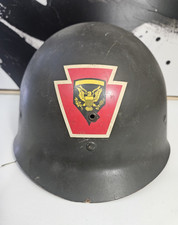 WWII US M1 Steel Helmet Black Paint w/ Liner Suspension Unit Insignia Decals picture