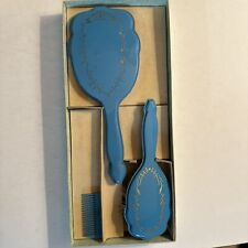 Vintage Child Blue Floral Vanity Set Comb Brush Mirror Original Box picture