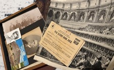 Lot of Antique Ephemera, Old Photos, Trinkets, Wooden Tray, WWll Book, Music… picture